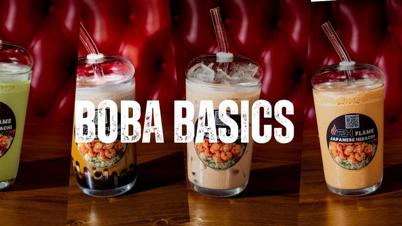 Boba milk tea and fruit tea lineup at Flame Japanese Hibachi in Richmond, VA